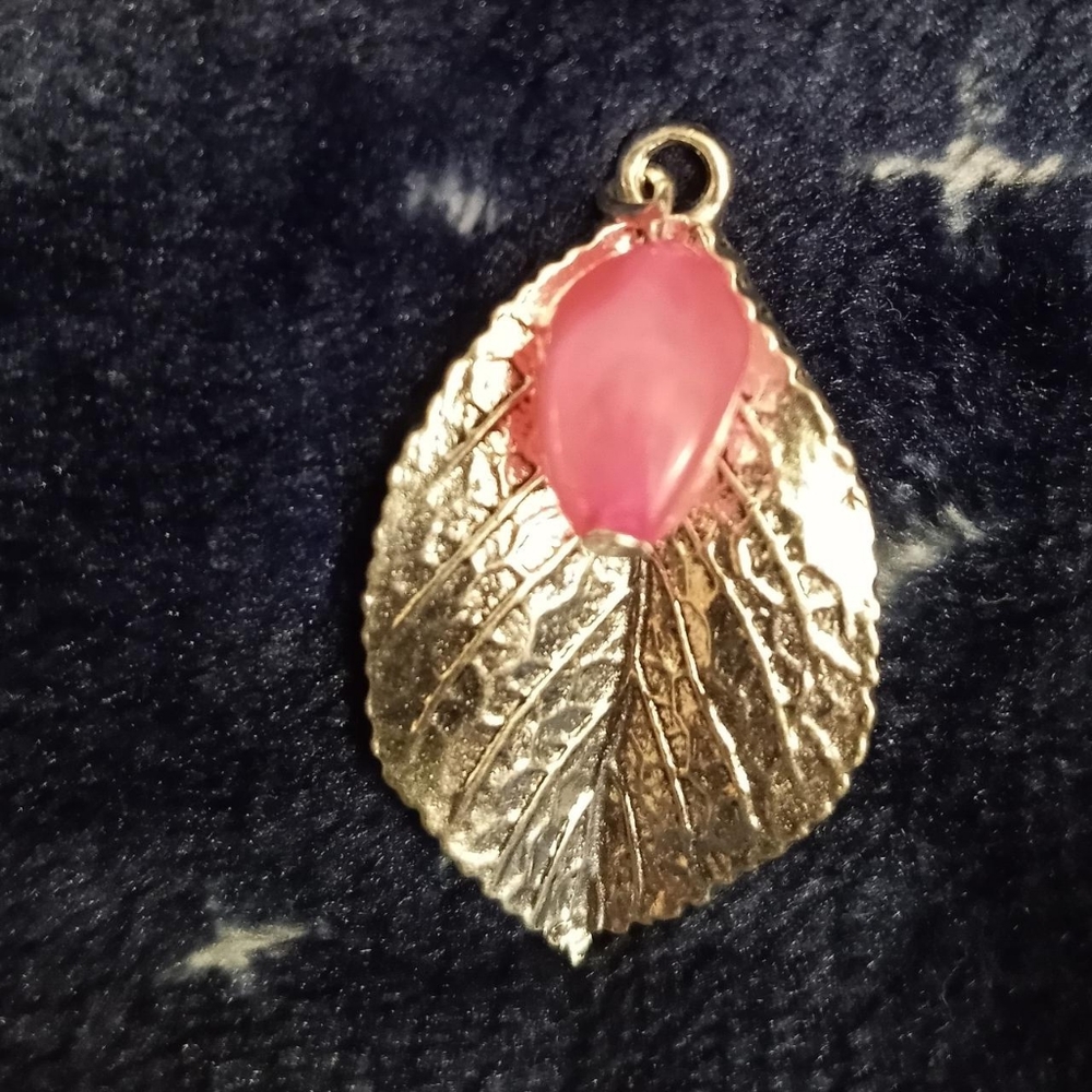 Hand Crafted Silver leaf pendant with pink stone necklace statement pendant